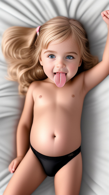 Realistic, detailed, 5-year-old blonde girl, in black underwear, pregnant, laying in bed, top down full body view, blushing, tongue sticking out   in custom style