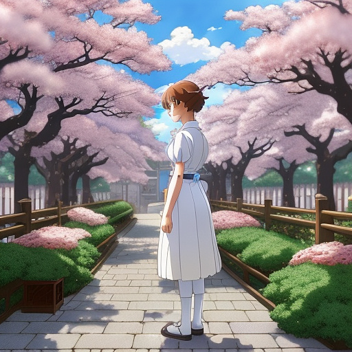 The girl with white rose under the tree  in anime style