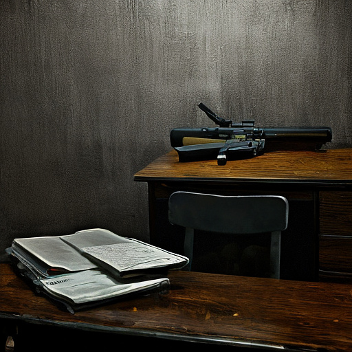 In a dark room, there is a telephone and a gun on the table. a man is sitting on a chair, and he is dead. in custom style