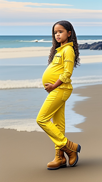 Realistic, detailed, pregnant, yellow jumpsuit, boots, beach, 7 years old, jenna ortega  in custom style