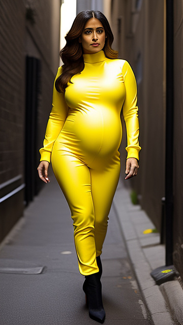 Pregnant, salma hayek, yellow catsuit boots , alleyway in custom style