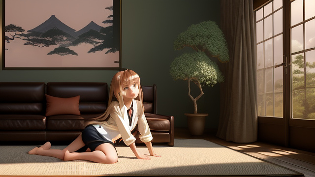 Little girl, sprawled on leather armchair, open beige shirt,crossing legs, barefoot, staring in space, a arm on the armrest, in a old countryside living-room, sunshine light, brown eyes, ultra+ realistic in anime style
