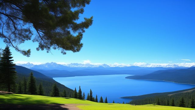 On the mountain overlooking wide lake with a distant mountain range in custom style