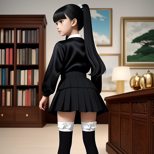 A little girl in black silk and a school uniform with her skirt lifted. in anime style