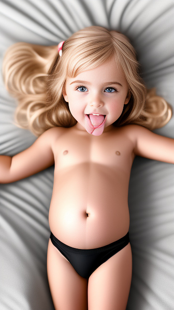 Realistic, detailed, 5-year-old blonde girl, in black underwear, pregnant, laying in bed, top down full body view, blushing, tongue sticking out, hands on belly   in custom style