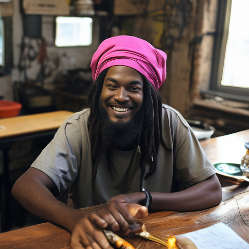 A black rastafarian is sitting on a worktable, smiling happily and smoking. the room is smoky. he's wearing a pink cap. in custom style