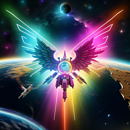 A cheerful transformer flies through space against the backdrop of planets. in angelcore style