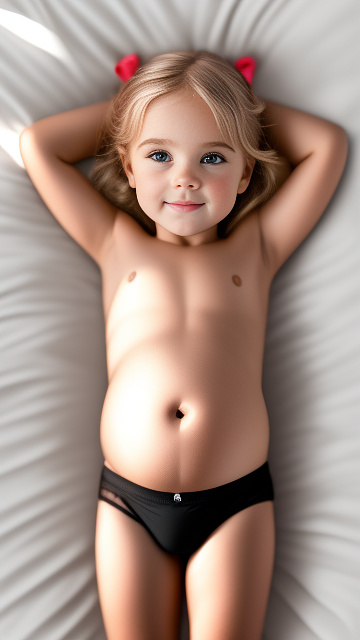Realistic, detailed, 5-year-old blonde girl, in black underwear, pregnant, laying in bed, top down full body view, blushing,  in custom style