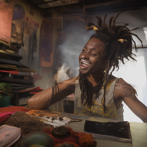 A black rastafarian is sitting on a worktable, smiling happily and smoking. the room is smoky. in custom style
