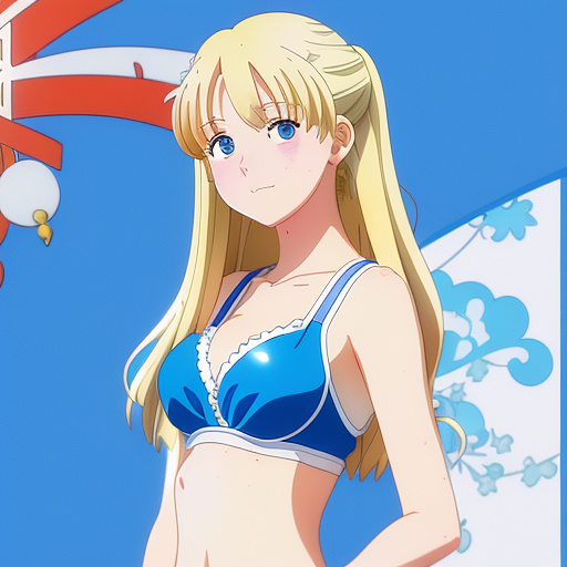 18 year old white blonde girl in blue bra smirking cutely in anime style