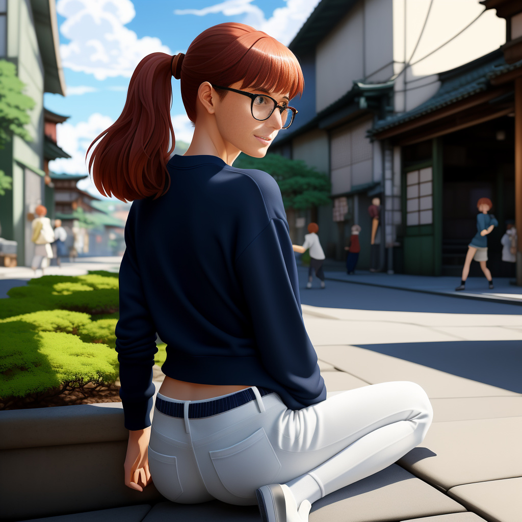 25-year-old female, white american, lightly freckled, bespectacled, spunky, messily redhead, with side-swept bangs. named jill harker. daily wears a thick but never unflattering, torso-covering, long-sleeved, plain, solid dark navy, crewneck pullover sweatshirt, without any extra elements added, blue jeans, white socks, & basis sneakers. without ever damaging, ruining, ripping, tearing, marking, marring, or staining the solid dark navy, crewneck pullover sweatshirt that she wears daily, a blissed-out jill harker personally harbors an incessant, insatiable, persistent, ongoing, incredibly itchy backside. jill harker physically relishes positive, successful, vigorous, receptive, frequent & consistent back scratches, with gratuitous gusto. perfect comic book art, highly detailed, vibrantly colored, wide-angle shot, & slightly half-turned side perspective viewpoint. in anime style