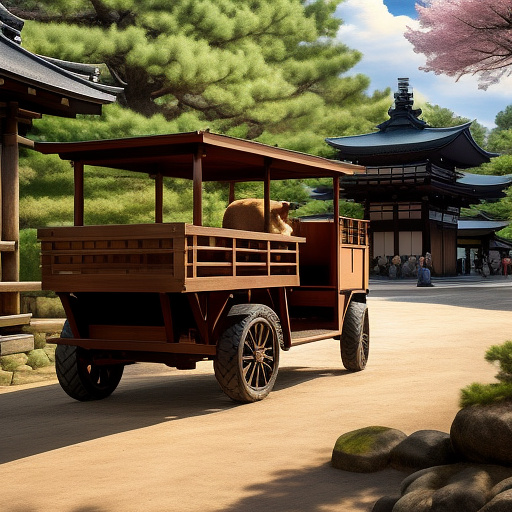 A bear sitted in a wooden cart moved by a lion. the bear is eating cherries. in anime style