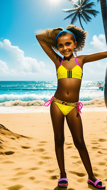 A 11-year-old girl wearing a stylish bikini dancing reggaeton (perreo style) with her 11-year-old boyfriend on a sunny beach, surrounded by palm trees and ocean waves, vibrant party atmosphere, warm golden hour lighting, energetic pose, fun and playful mood. in custom style