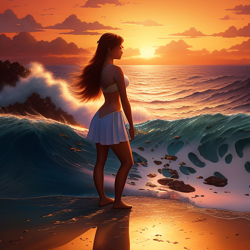 A surreal cinematic sea view, with a young woman publicly punished on a wooden platform by the seaside under the setting sun. her sheer skirt is semi transparent, revealing her swollen buttocks and sensitive areas, while slender thorns hang in the air. the golden waves hit the rocky coast, white foam splashed, and the orange red sky blended with the dark blue sea water to create a taboo atmosphere. the crowd around whispered, their eyes blazing as metoo focused on the woman's shameful posture, the redness and luster of her buttocks, the subtle details of sensitive areas, the smooth reflection of oil, seagulls hovering, and the faint appearance of a distant sailboat. the picture is delicate, the wave texture is rich, the skin luster is realistic, the movie like light and shadow, high resolution, wide-angle perspective, artistic pornographic style, provocative but not overly explicit in anime style