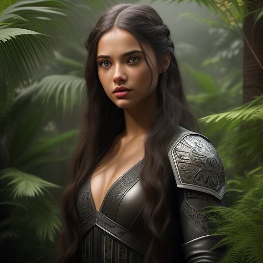 A young woman with long dark hair, beautiful detailed eyes, beautiful detailed lips, extremely detailed face and skin, longeyelashes, wearing a sexy combat outfit, holding a very detailed blaster pistol, raiding an imperial convoy in a lush jungle, action pose, cinematic lighting, dramatic colors, (best quality,4k,8k,highres,masterpiece:1.2),ultra-detailed,(realistic,photorealistic,photo-realistic:1.37),science fiction,concept art in custom style