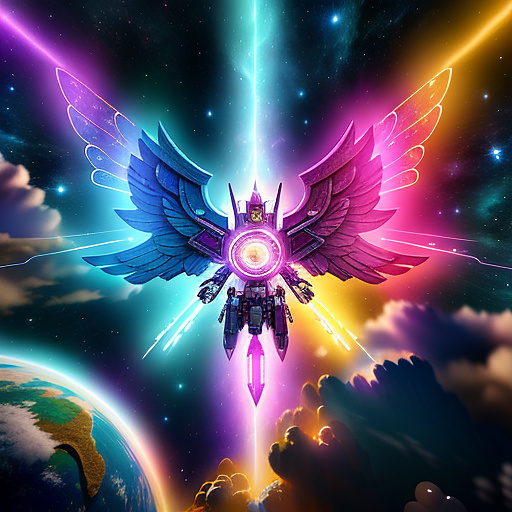 A cheerful transformer flies through space against the backdrop of planets. in angelcore style