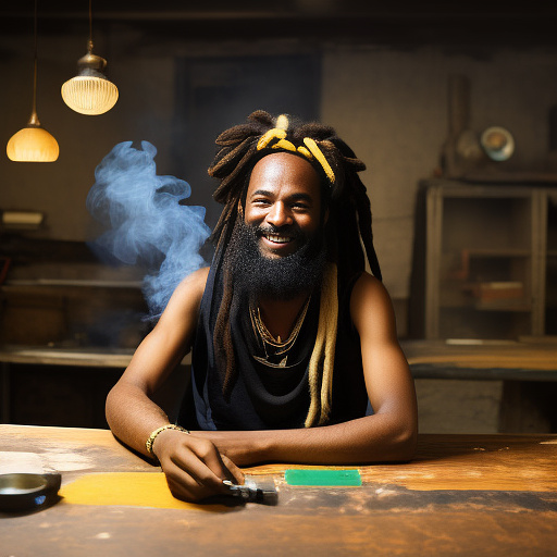 A black rastafarian is sitting on a worktable, smiling happily and smoking. the room is smoky. in custom style