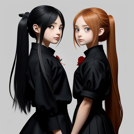 An image in creepy chibi style anime of a boy holding flowers behind his back facing a girl with a bow in her long hair who's holding a knife pointed up behind her back. both have innocent blank faces. light background, both wearing all black clothing in anime style