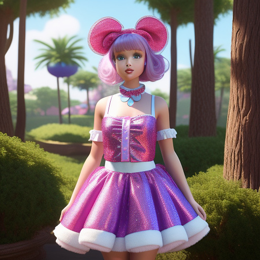 A mannequin with a pink kids dance costume dress with blue rhinestones on the top front, and a purple waist ribbon, and the bottom pink and fluffy on in disney 3d style