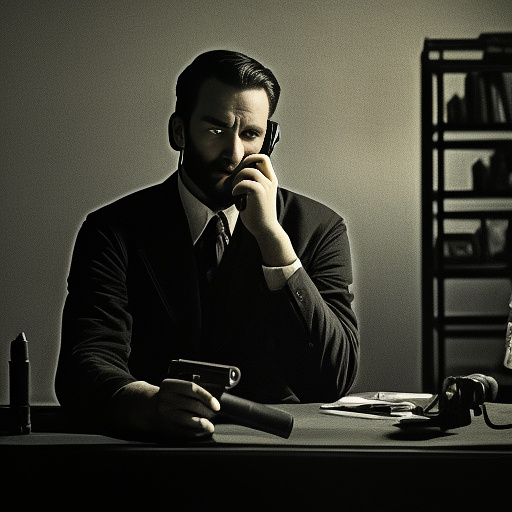 In a dark room, there is a telephone and a gun on the table. a man is sitting on a chair, and he is dead. in custom style