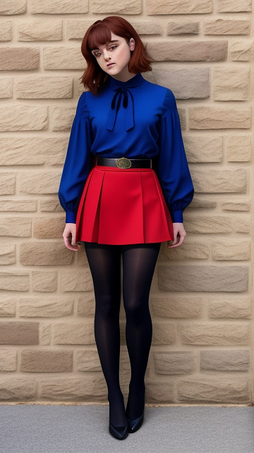 Maisie williams wearing a royal blue blouse with a matching skirt and red belt, wearing black tights and red flats. in custom style