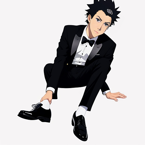 Award winning photo of quarryjacob wearing a black tuxedo with white socks and black oxford shoes in anime style