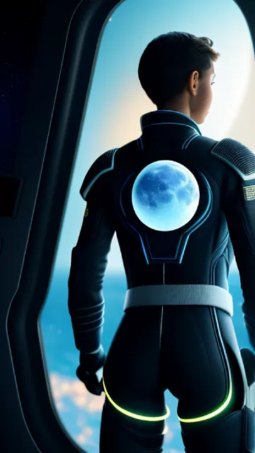 Young, space force pilot with short hair posing for a photograph as seen from behind while looking at the moon through a window from the cockpit of a spaceship.
 in angelcore style