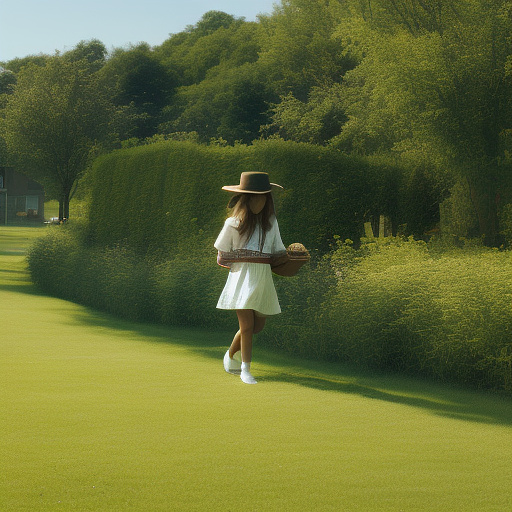 A girl is skipping across a sunny lawn. she has a basket in her hands and a hat on her head. in custom style