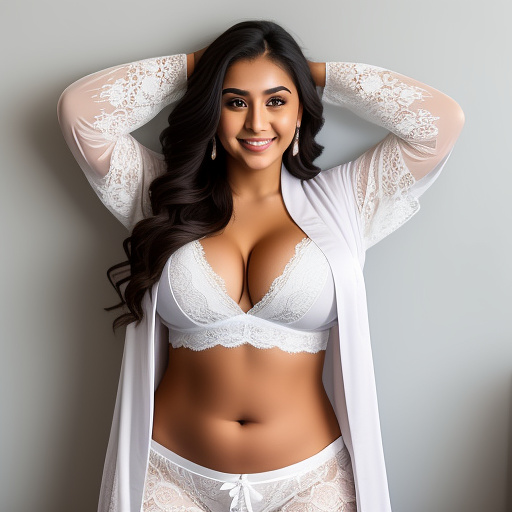 Latina college student with big boobs and her arms up and in a long sleeve lace robe and long lace pants and showing her belly and cleavage and in the bedroom and whole body portrait  in custom style