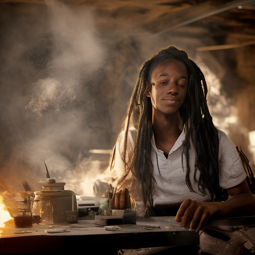 A black rastafarian is sitting on a worktable, smiling happily and smoking. the room is smoky. in custom style