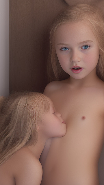 A 9-year-old naked girl is sucking another girl's breast. in custom style