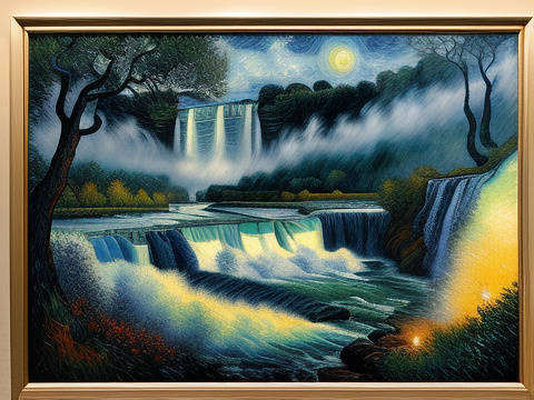 Luminist landscape painting of pegasus (tristar pictures) in a distant view of niagara falls (horseshoe falls, ontario) at the night time, academic art by jan matejko, wincenty trojanowski, ken kelly, luis royo, esao andrews, stylized, --ar 4:5 8k --v 6 in neo impressionism style