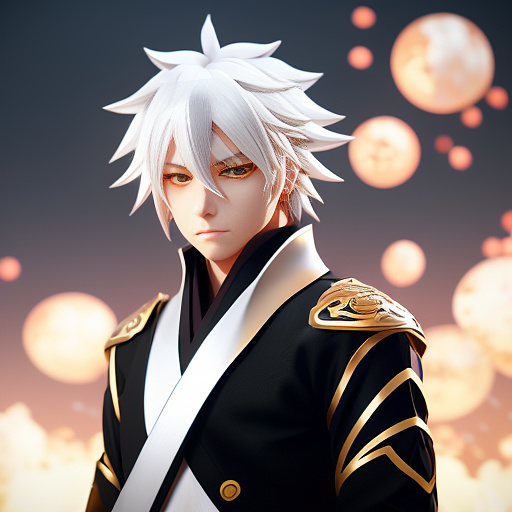 Anime- a white haired boy with a ice and gold high tech gun, with a flaming fists, red eyes, wearing black and white clothes of gold and silver ornaments futuristic style

 in anime style