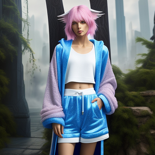 A boy with androgynous look soft feminine facial features and tiny waist having striking pink and blue heterochromia eyes with waist length straight pink hair wearing a body fitting sweater material hoodie gown with knee length furry boot while holding a bubble tea  in angelcore style