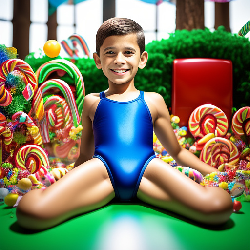10 year old boy in a tight swimsuit spreading his legs towards the camera  in kids painted style