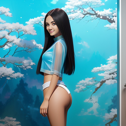 Drawn a girl standing in the bathroom only clothed in an see-through shirt. looking at the viewer with a seductive smile, showing off her body. she has a slim petite body and has dark hair. has a big fit ass in anime style