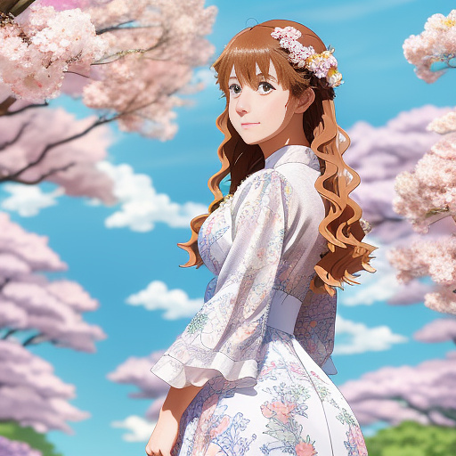 A woman in a flowery dress 
 in anime style