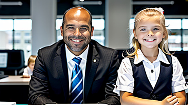 White, blonde, smiling, girl 7 years old  facing sideways towards a 35yr-business-man, show both people fully in picture, in custom style