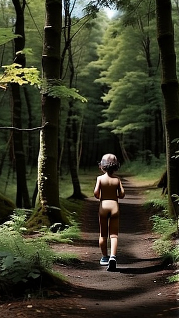 A 9-year-old naked girl is walking through the woods alone. in custom style