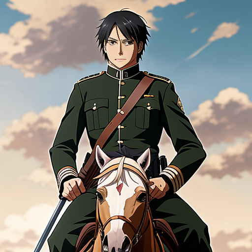 Angry scout regiment solider on a horse from attack on titan anime who has drawn his sword vowing to “cut the bitch” refering to the female titan. in anime style