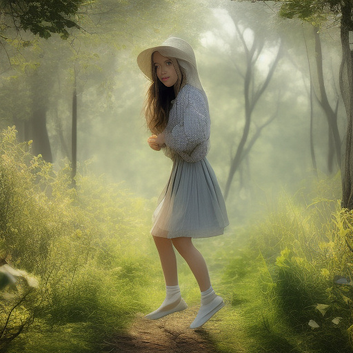 A girl is skipping across a sunny lawn. she has a basket in her hands and a hat on her head. in custom style