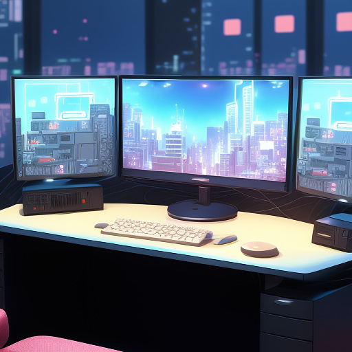 Illustration of computer desk in style of ghost in the shell film in anime style