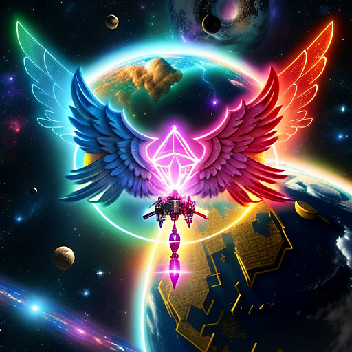 A cheerful transformer flies through space against the backdrop of planets. in angelcore style