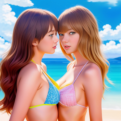 Taylor swift and emma stone licking each other in bikinis  in anime style