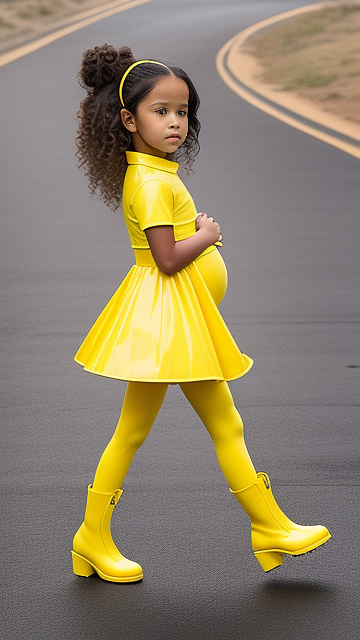 7-years-old, jenna ortega, pregnant, yellow latex, yellow boots,  in custom style