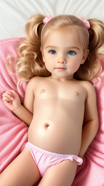 Realistic, detailed, 5-year-old blonde girl, in pink underwear, pregnant, laying in bed, top down view, blushing in disney painted style