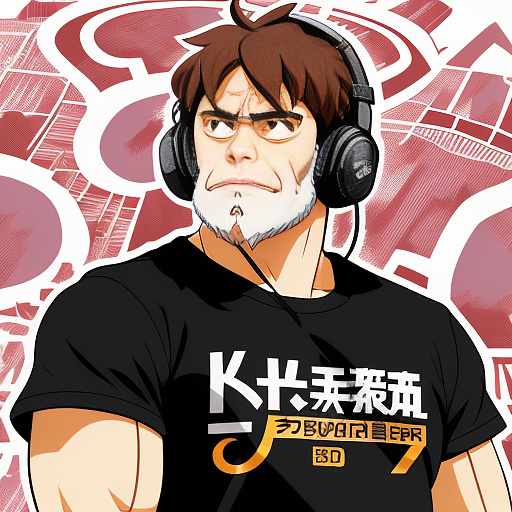 Vector image for a t-shirt design of a gorilla listening to music, detailed. in anime style