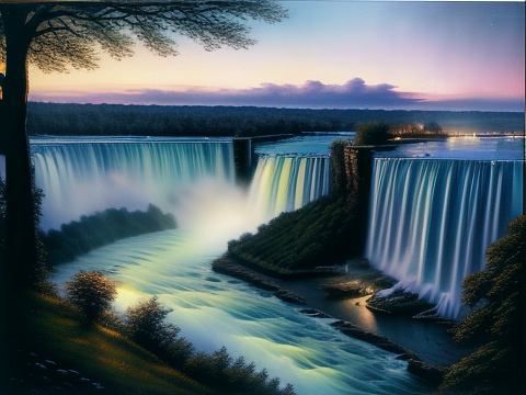 Luminist landscape painting of pegasus (tristar pictures) in a distant view of niagara falls (horseshoe falls, ontario) at the night time, academic art by jan matejko, wincenty trojanowski, ken kelly, luis royo, esao andrews, stylized, --ar 4:5 8k --v 6 in custom style