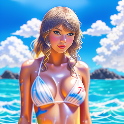 Taylor swift wearing a bikini soaked in milk
 in anime style