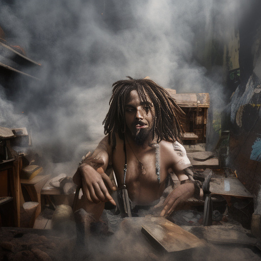 A black rastafarian is sitting on a worktable, smiling happily and smoking. the room is smoky. in custom style